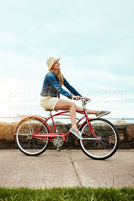 Buy stock photo Woman, bicycle and playful with travel for vacation, transport and weekend health outdoor. Happy, female person and tourist with cycling, holiday or activity on bike for wellness, adventure or break