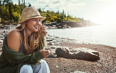 Buy stock photo Relax, smile and woman at lake on holiday, vacation or travel outdoor on island in Ireland. River, funny and happy person laugh by water for journey, adventure and tourist thinking on trip in nature