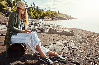 Buy stock photo Smile, thinking and woman rest at beach with vision, fresh air and daydreaming on holiday. Happy, female person and reflection with ocean view, tropical getaway and sunshine for vacation in nature