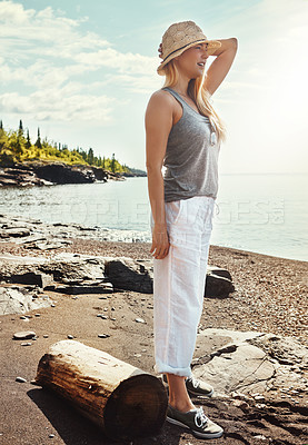 Buy stock photo Outdoor, relax and woman on ocean for freedom, vacation and holiday weekend in California with calm. Beach, girl and carefree for travel adventure, peaceful and enjoy sunshine with thinking in sea