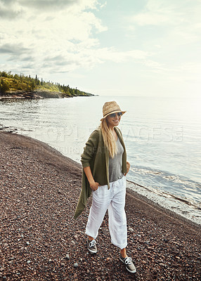 Buy stock photo Thinking, beach and woman on vacation with sunglasses for adventure, travel or tourism in nature. Thoughts, ocean and person on summer holiday for memory, happiness or reflection on walk outdoor