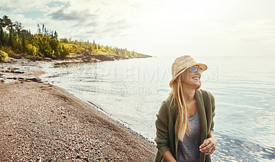 Buy stock photo Thinking, woman and laugh for travel at beach with vision, sightseeing or daydreaming on holiday. Space, female person and reflection of ocean view, explore nature and sunshine for vacation on island