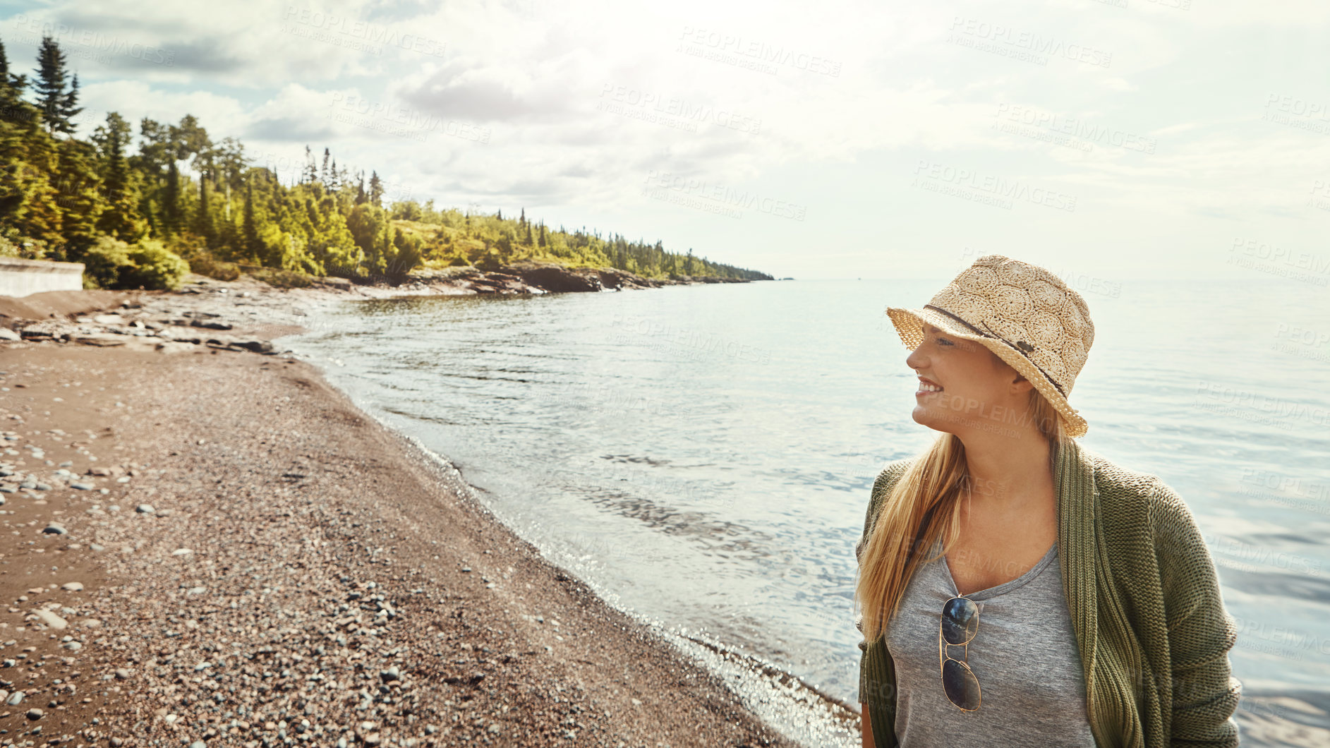 Buy stock photo Thinking, woman and smile for travel on ocean with vision, sightseeing or daydreaming on holiday. Space, female person and reflection of beach view, explore nature and sunshine for vacation on island