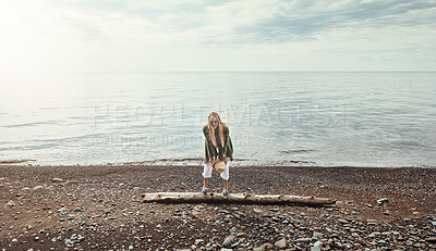 Buy stock photo Portrait, log and happy woman at lake, travel and holiday for weekend break, water an calm. Outdoor, tourism and person with nature, vacation and funny with environment, balance or laughing in Canada