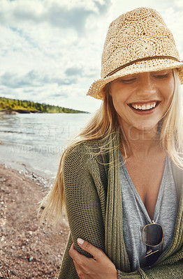 Buy stock photo Nature, beach and girl with smile for adventure, vacation and holiday for weekend in Thailand. Summertime, outdoor and happy woman with cardigan for ocean breeze, enjoying and peaceful by sea