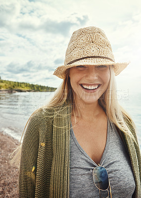 Buy stock photo Nature, beach and woman in portrait for adventure, vacation and holiday for weekend in Australia. Summertime, outdoor and happy girl with cardigan for ocean breeze, enjoying and peaceful by sea