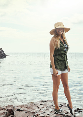 Buy stock photo Portrait of an attractive young woman spending a day at the lake