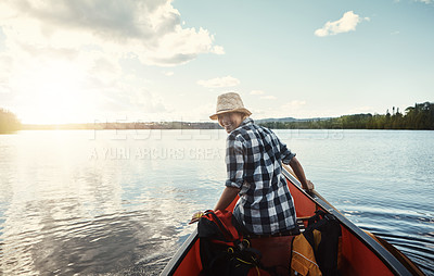 Buy stock photo Portrait, lake and woman with kayak, adventure and happiness with activity, summer and journey. Person, outdoor or girl with humor, funny or fitness with hobby, energy or canoe with vacation or water