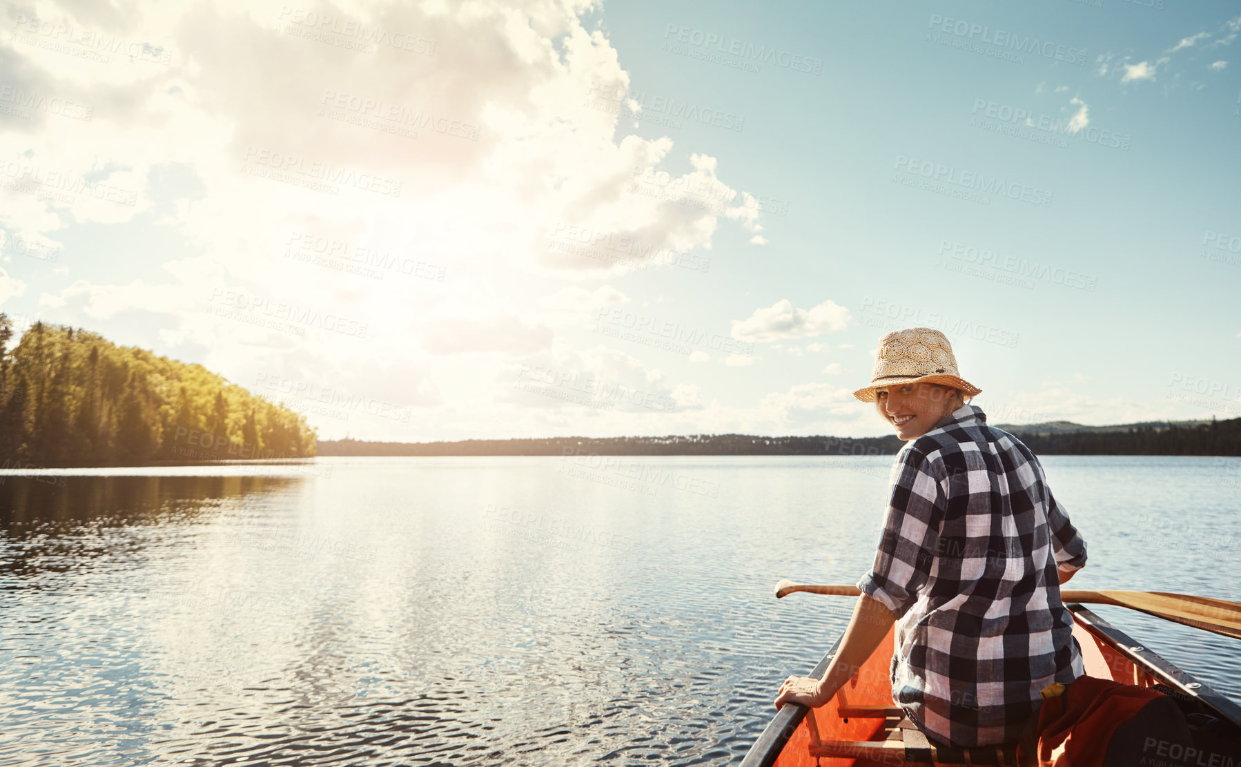 Buy stock photo Portrait, lake and woman with kayak, journey and happiness with activity, summer and hobby. Person, outdoor sun and girl with water, getaway trip or fitness on adventure with canoe on vacation