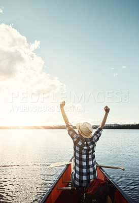 Buy stock photo Person, kayaking and back or success on river, relax and water travel or hobby achievement in boat with paddle. Adventure, lake and Greenland tourist with victory, excited and space for fitness