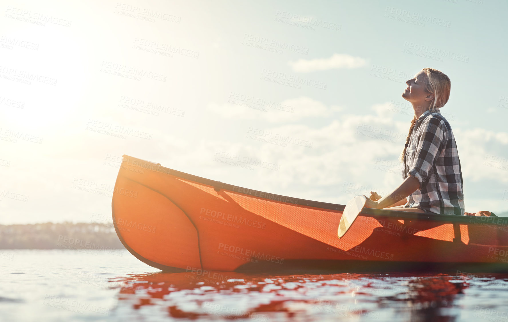Buy stock photo Thinking, woman and paddle with canoe in lake for travel, tropical adventure and summer holiday. Space, female person and canoeing with smile, explore nature and enjoy sunshine for vacation in river