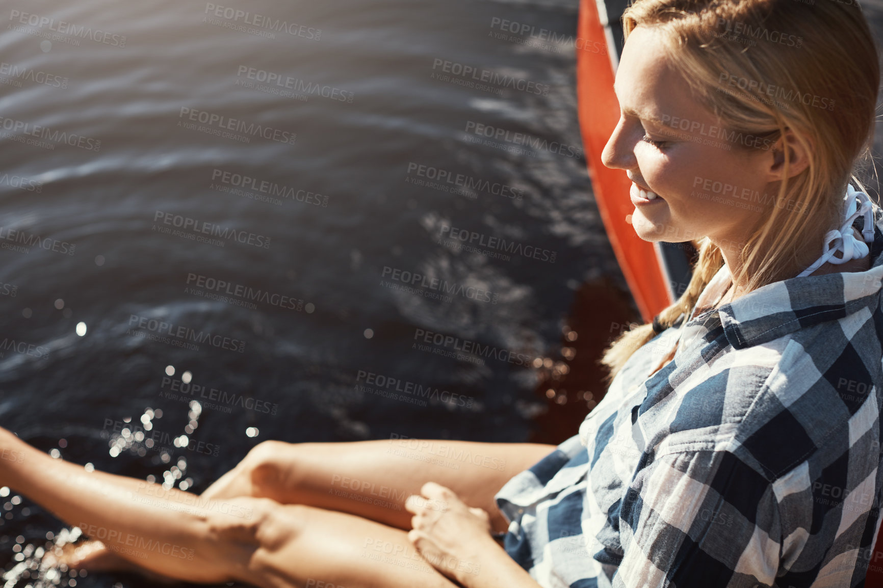Buy stock photo Happy, summer and woman by lake to relax on holiday, vacation and weekend in countryside. Thinking, nature and person by water for fresh air, calm and break for travel, trip and adventure outdoor
