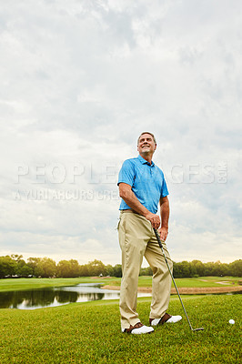 Buy stock photo Mature, man and thinking on golf course or nature with club for mental sport, skill and precision or training for tournament. Male golfer, lake and thoughts for game plan, play strategy and exercise.