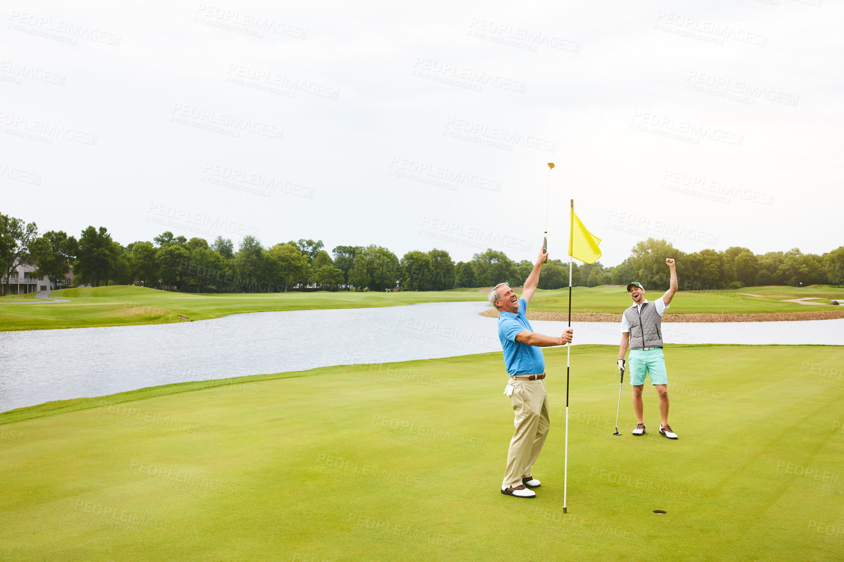 Buy stock photo People, together or success on golf course with winning put, celebrate for sports challenge or competition. Outdoor, exercise or healthy men on green with flag, excited for performance with par score