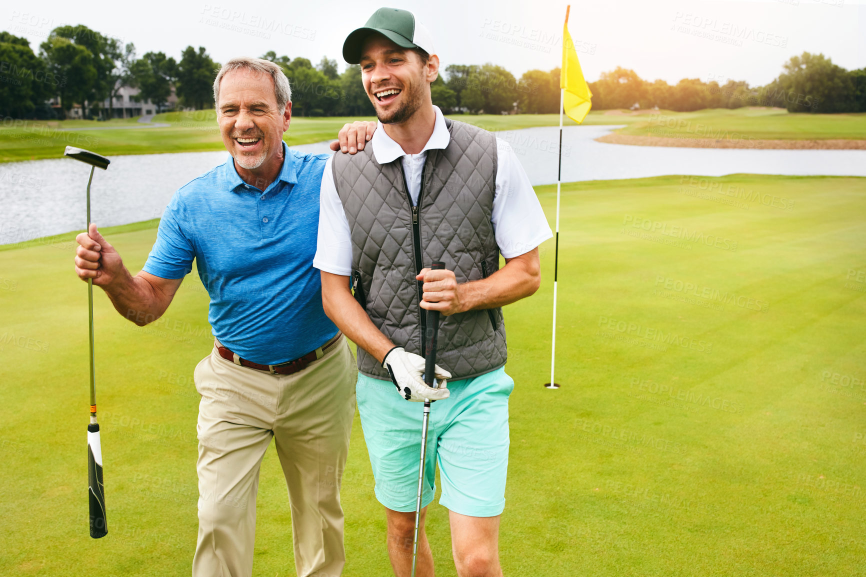 Buy stock photo Adults, father and man for golf sport, physical activity and bonding through recreation. People, mature dad and son for walking in nature for friendly competition, game and support in country club