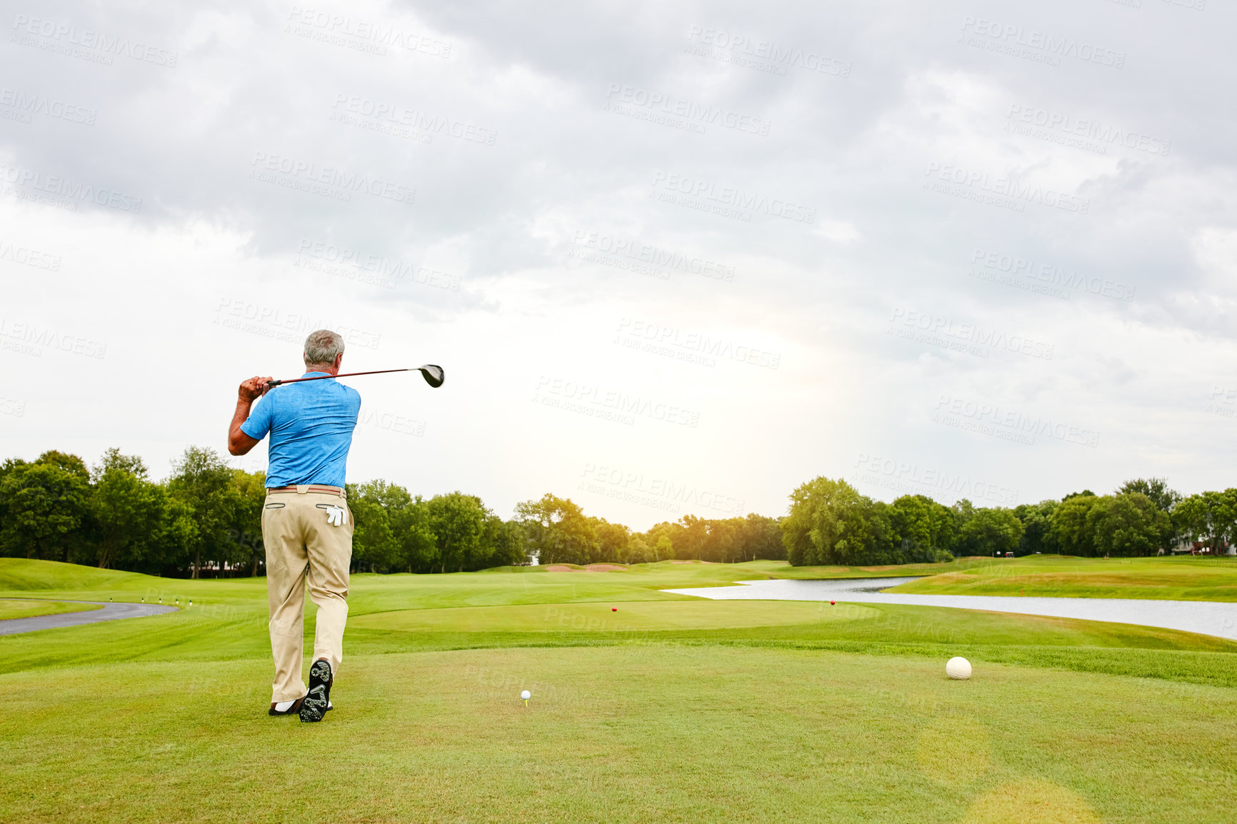 Buy stock photo Mature, man and swing on golf course or nature for recreation sport, practice and training for tournament match. Male golfer, country club and back with workout for coordination and exercise.