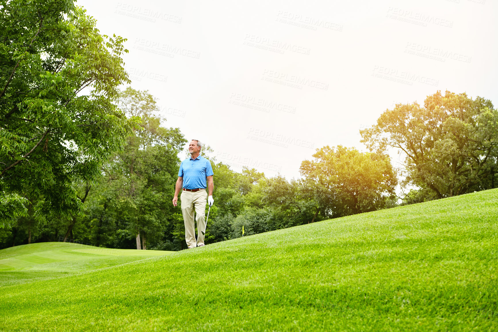 Buy stock photo Mature man, sports and thinking at golf course with hobby or activity for retirement and fun. elderly person, break and play at field for fitness, training and exercise for health or mindfulness