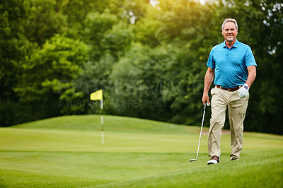 Buy stock photo Mature man, portrait and happy at golf course with hobby or activity for retirement and fun. Confident, smile and playing at field or club for fitness, training and exercise for health and recreation