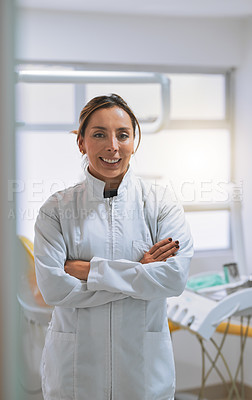 Buy stock photo Portrait, woman or proud dentist with arms crossed in office for oral appointment or mouth healthcare. Professional, confident or happy dental doctor with smile for tooth cleaning services in England