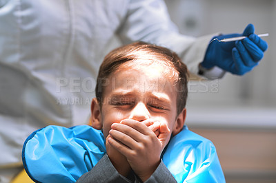 Buy stock photo Child, dentist and fear with mouth closed in hospital for procedure, health or oral care clinic. Male person, patient and examination at orthodontist office for teeth cleaning or root canal treatment