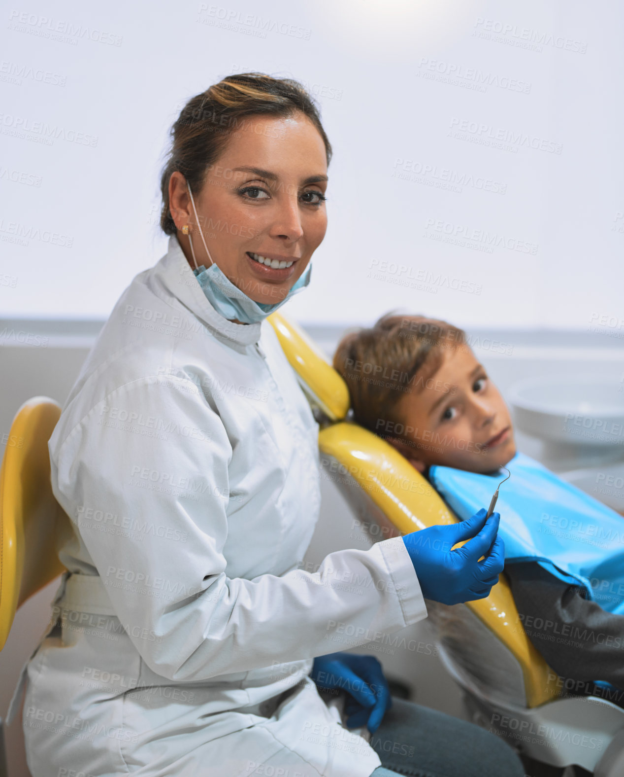 Buy stock photo Dentist, kid and patient with smile portrait for tooth extraction, dental hygiene and cleaning service. Healthcare, dentistry and boy for checkup, oral care and happy with excavator in consultation