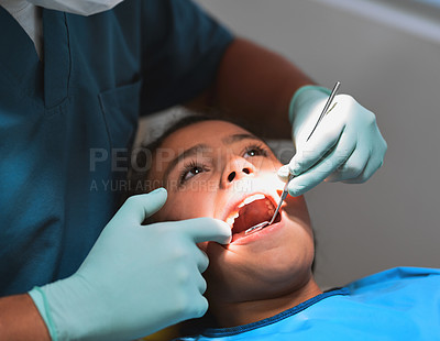 Buy stock photo Hands, kid and dentist with mirror for teeth checkup, exam and oral hygiene at pediatric clinic. Girl, tools and orthodontics treatment for tooth, closeup and dental health for root canal or cavity