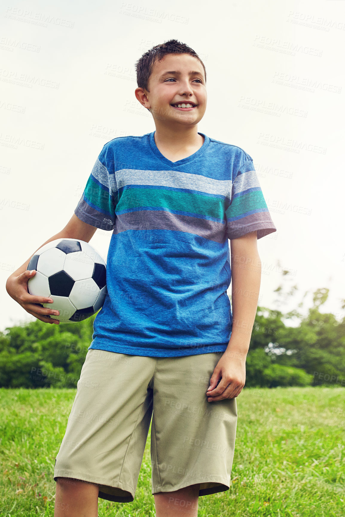 Buy stock photo Nature, thinking and boy child with soccer ball in outdoor park for development, idea or hobby. Grass, sports and young kid with smile in playground for happiness, solution or football game in Canada