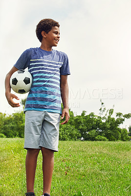 Buy stock photo Outdoor, thinking and boy child with soccer ball in park for childhood development, idea or hobby. Nature, sports and Brazilian kid with smile in playground for happiness, young or football game