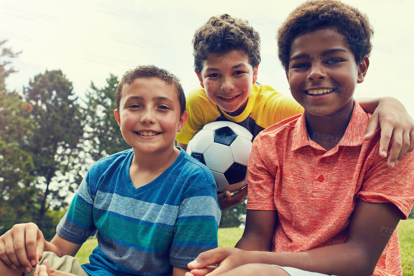 Buy stock photo Soccer ball, friends and portrait of children in park for playing, having fun and sports outdoors. Childhood, youth and happy boys with football for games on holiday, vacation and weekend in nature