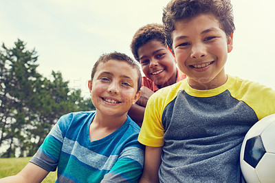 Buy stock photo Soccer ball, friends and portrait of kids in park for playing, having fun and sports outdoors. Childhood, youth and happy boys with football for games on holiday, vacation and weekend in nature