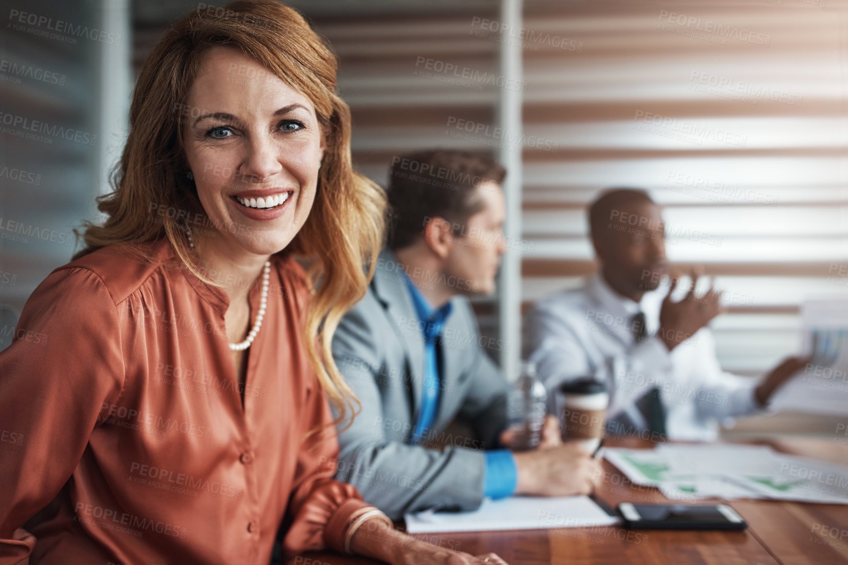 Buy stock photo Portrait of a confident businesswoman sitting in an office with her colleagues in the background