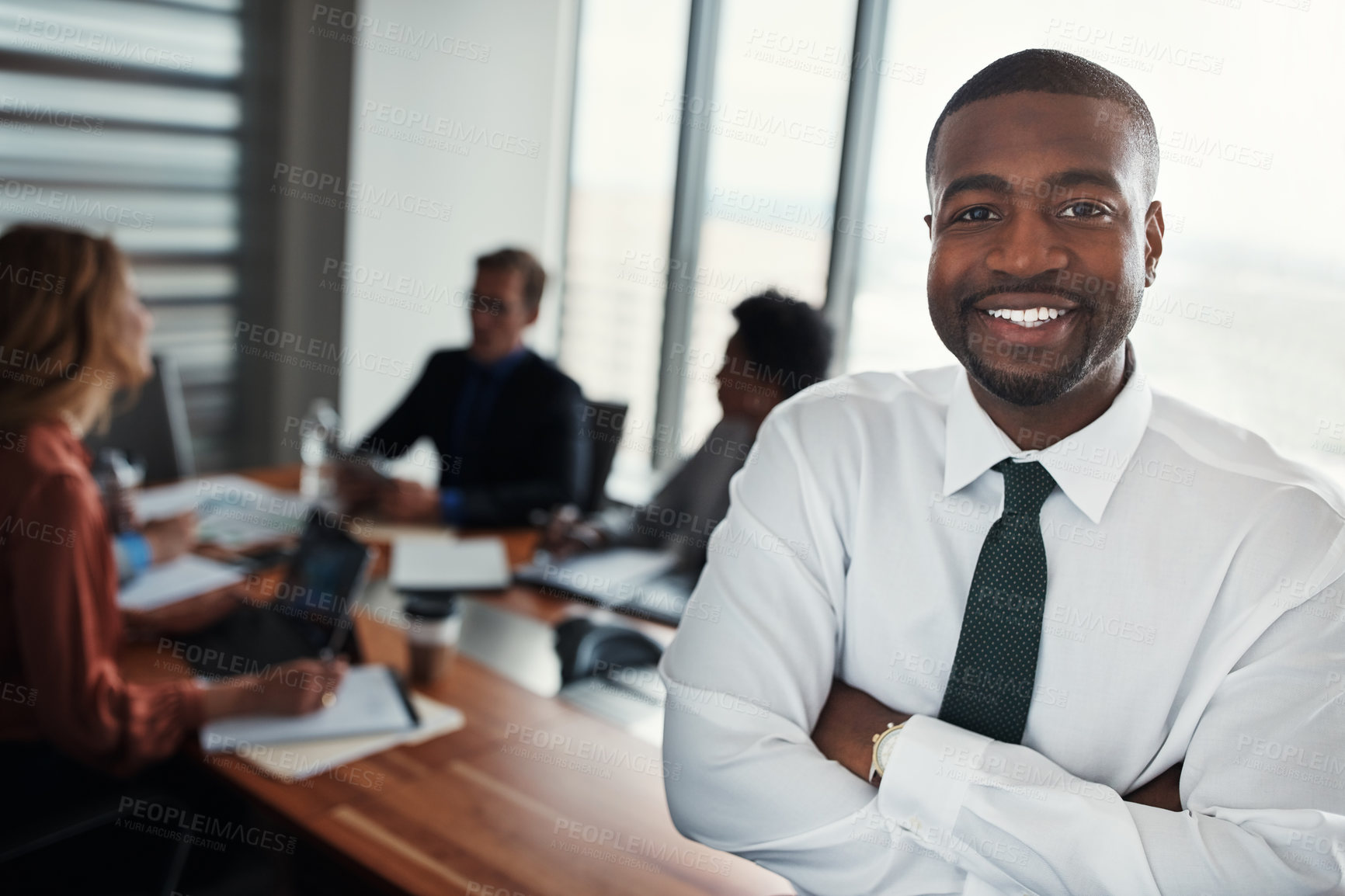 Buy stock photo Office, meeting and portrait of business man with crossed arms for planning, collaboration and teamwork. Corporate, professional and manager with workers for coworking, feedback and training