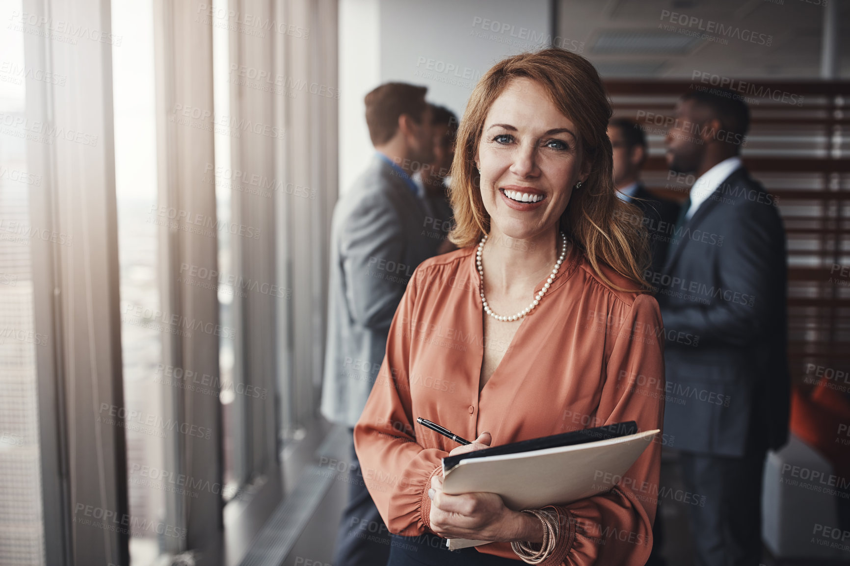 Buy stock photo Business, smile and portrait of woman with folder, confidence and professional at tradeshow. About us, businesswoman or consultant in office with happy face, files and sign up for startup opportunity