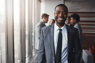 Buy stock photo Corporate black man in business, smile and portrait in leadership, professional and lawyer in meeting. Attorney in conference room, happy and male person with collaboration in company and management