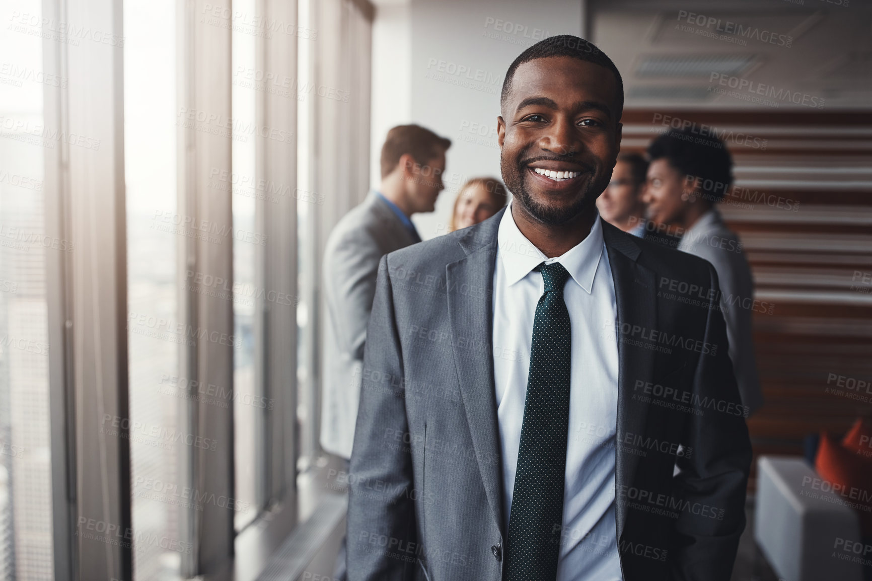 Buy stock photo Corporate black man in business, smile and portrait in leadership, professional and lawyer in meeting. Attorney in conference room, happy and male person with collaboration in company and management