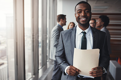 Buy stock photo Black man in business, smile in portrait and paperwork, corporate lawyer in meeting. Businessman in conference room, professional male attorney and collaboration with leadership and management
