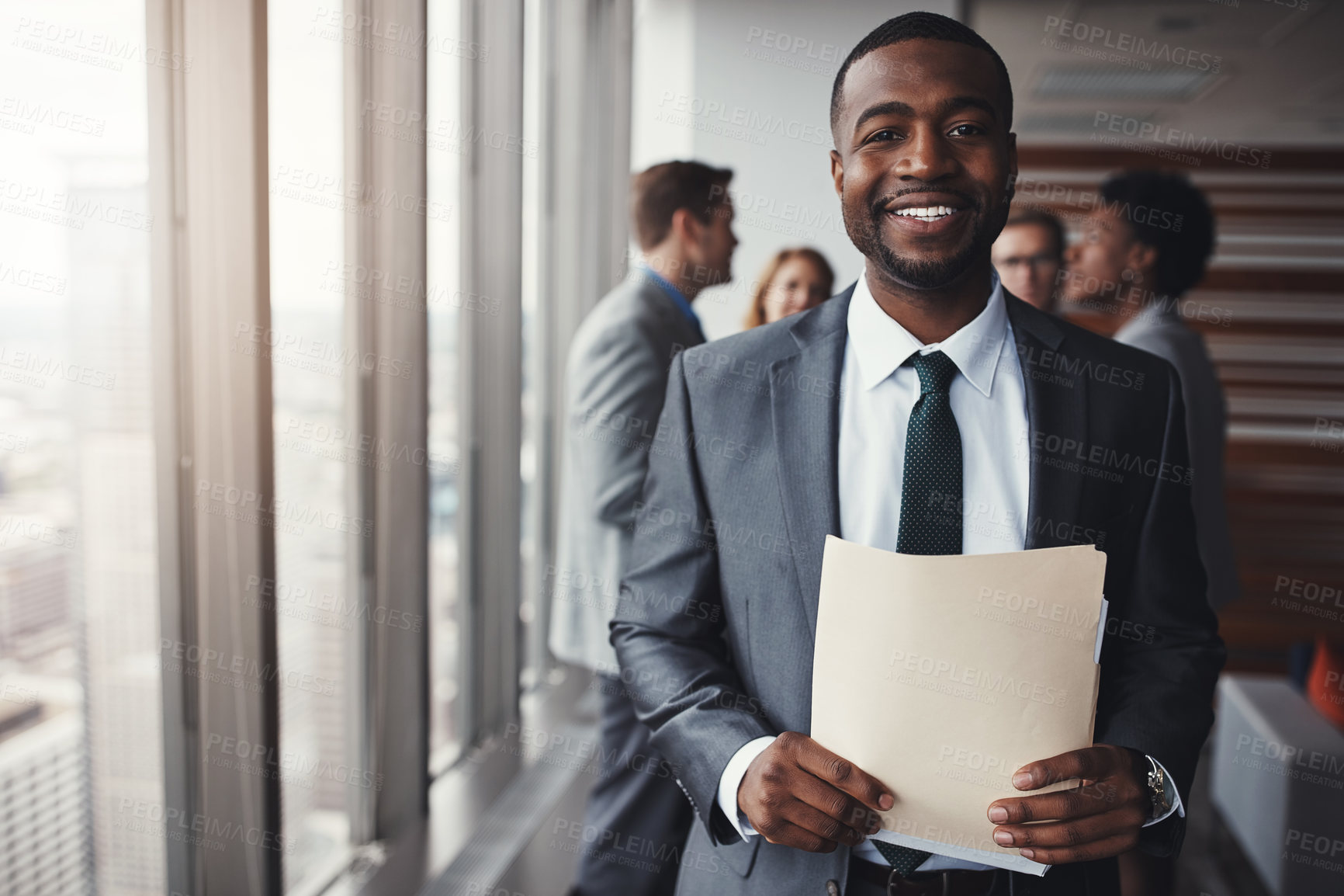 Buy stock photo Black man in business, smile in portrait and paperwork, corporate lawyer in meeting. Businessman in conference room, professional male attorney and collaboration with leadership and management