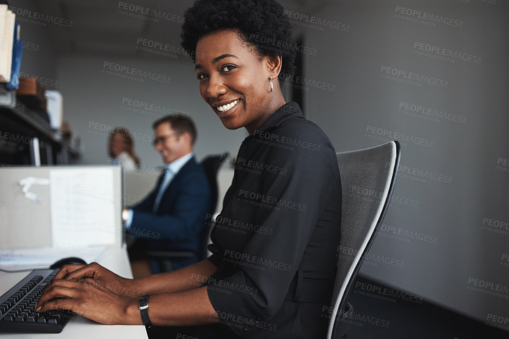 Buy stock photo Office, cubicle and business woman in portrait with computer, typing email or daily operations. Professional, career or female clerk in workspace with keyboard, data entry or record info for accuracy