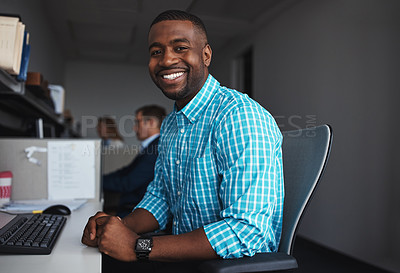 Buy stock photo Smile, portrait and black man in office with confidence for startup company with creative project. Happy, pride and face of African male graphic designer working by desk with growth in career.