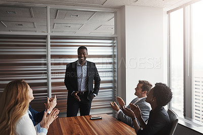 Buy stock photo Business meeting, applause and man with presentation success, support and group motivation. Winner, training and speaker with vision, idea and excited creative team with clapping, praise or cheering