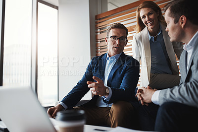 Buy stock photo Planning, laptop and business people in office for discussion with revenue or profit report. Meeting, team and group of financial advisors with computer for company stocks investment in workplace.