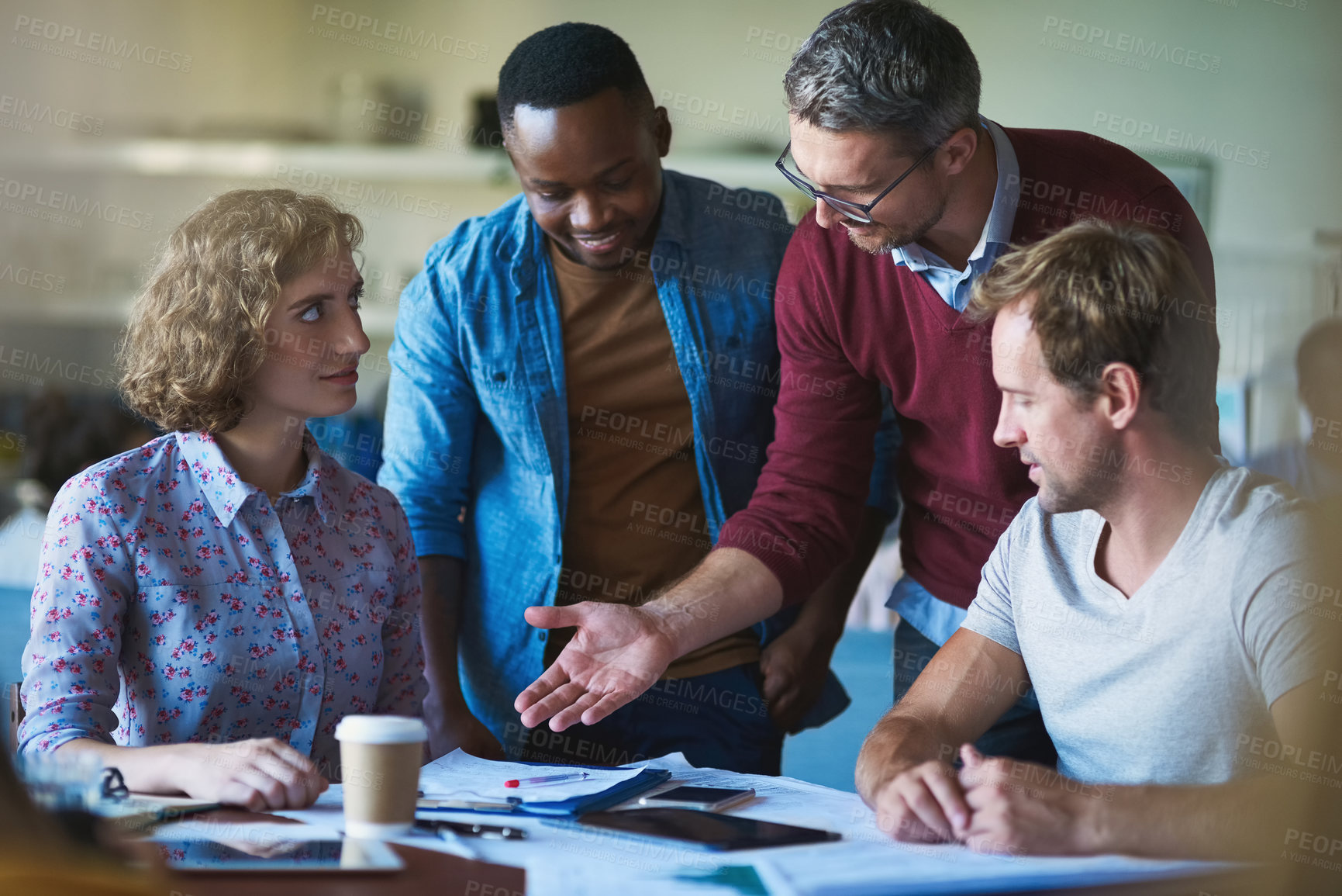 Buy stock photo Business people, meeting and group collaboration in office with diversity and planning for news schedule. Digital, tablet and teamwork for content creation and work conversation at press agency