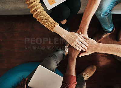 Buy stock photo Hands together, business and above in meeting, teamwork and collaboration for workshop, success or achievement. Group of people, cooperation and unity for workplace, synergy or positive as colleagues