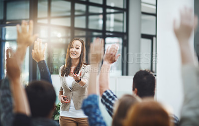 Buy stock photo Woman at seminar, audience with hands up for questions and answers at training presentation or meeting. Feedback, opinion and ideas, group of people at conference with hand in air, coaching and faq.