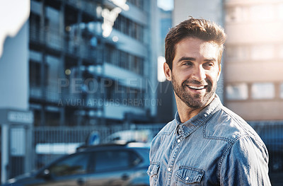 Buy stock photo Man, city and happiness in street for travel, wellness and explore in Los Angeles for summer. American male person, sunshine and smile in the morning for thinking and sightseeing in urban town