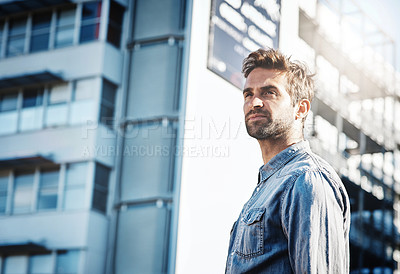 Buy stock photo Thinking, corporate and businessman in city outdoor with planning, solutions and ideas for a startup business growth. Confident, male person and vision with problem solving, solution and future