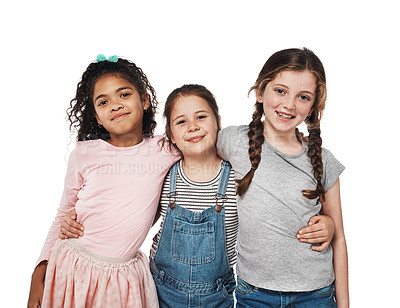 Buy stock photo Studio portrait of a group of three happy girls embracing one another against a white background