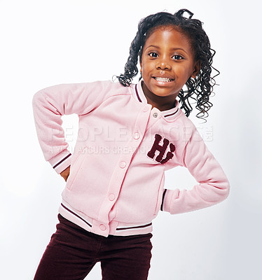 Buy stock photo Cropped shot of an adorable little girl posing against a white background