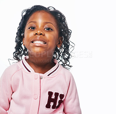 Buy stock photo Excited, smile and portrait of black girl on a white background with cheerful, joyful and silly expression. Fashion, childhood and isolated young child with trendy, style and casual clothes in studio