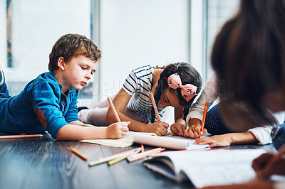 Buy stock photo Drawing, crayons and children on floor with paper for creative lesson, learning and child development at kindergarten. School, youth academy and kids with color for education, creativity and writing